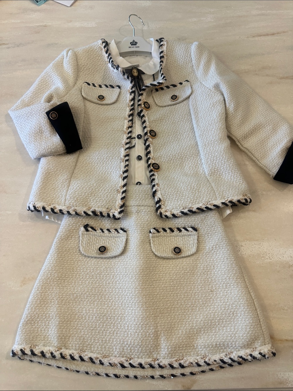 KIDS Ivory Tweed Skirt Suit with Black Trim